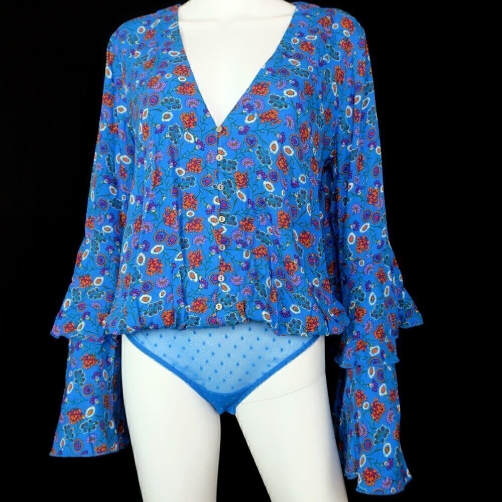 Free People Intimately She's Dainty Blue Bodysuit Top Flared Sleeve Medium